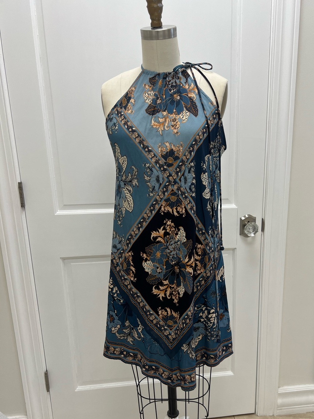 FARM Rio Teal Blue Floral Halter Mini Dress